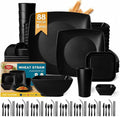 Teivio 88-piece Flatware Plates and Bowls Sets for 8, Black Dinnerware Sets | Plastic Wheat Straw Dish set,Unbreakable Dinner Plate set,13.5oz Cups, Dishwasher,Outdoor Kitchen RV Camping Dorm Essentials