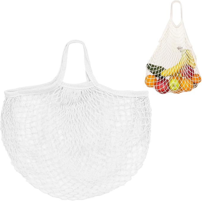 M METERXITY 1-Pack Cotton Mesh Bag, Reusable Washable Mesh Net String Grocery Bags, Reusable Produce Bags with Handle, Net Tote Bag for Fruits/Vegetables Shopping [White, Short Handle]