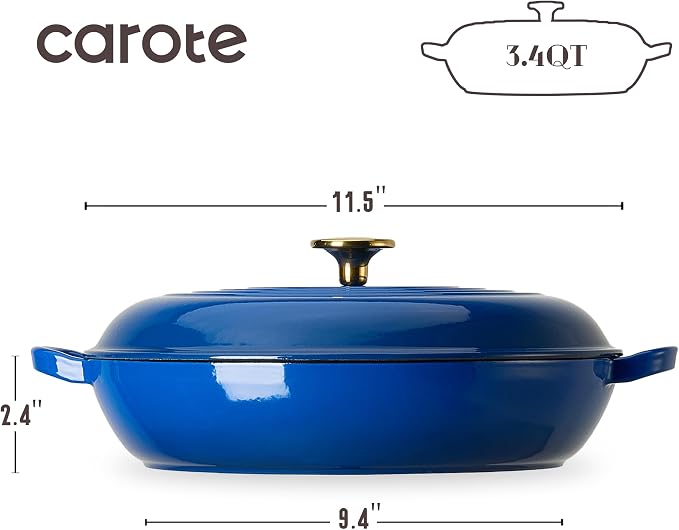 CAROTE 3.4QT Enamel Cast Iron Cookware, Skillet with Lid, Blue Dutch Oven | Shallow Round Braiser Pan Oven Safe, Non-Toxic Pot for Grilling, Searing, Baking, Dual Handles, All Stovetop Compatible