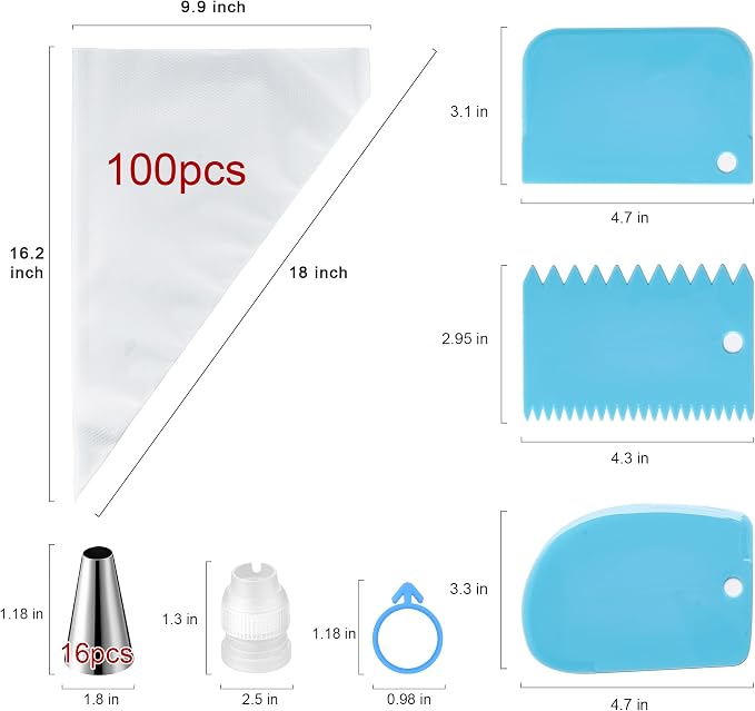Piping Bags and Tips Set, Cakes Decorating Supplies Kit with 100pcs 18 Inch Pastry Bags, 16 Piping Tips, 3 Cake Scraper, 2 Couplers, 2 Bag Ties, Simple and Convenient Baking Supplies Set | Cakes Decorating Supplies Kit, Simple Baking Supplies Set with ...