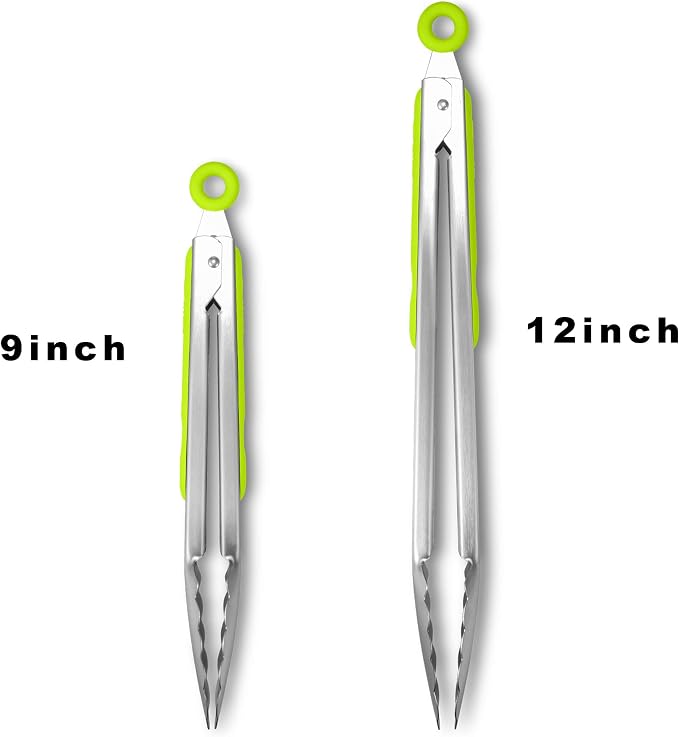 Premium 304 Stainless Steel Tongs Set – 12" Grill Tongs & 9" Cooking Tongs, Heat Resistant up to 600°F, Wavy Grip Head, Non‑Slip Handle with Locking Clip & Hanging Loop, Dishwasher Safe, Green