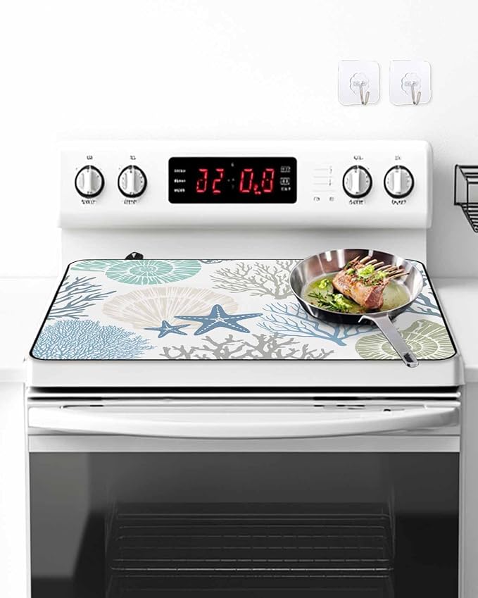 Stove Top Covers for Electric Stove 24x21 Inches, Coastal Coral HeatResistant Glass Cooktop Protector, Blue Nautical Starfish Ocean Shell Beach Ceramic Stovetop Countertop Covers Mat, Oven Cover