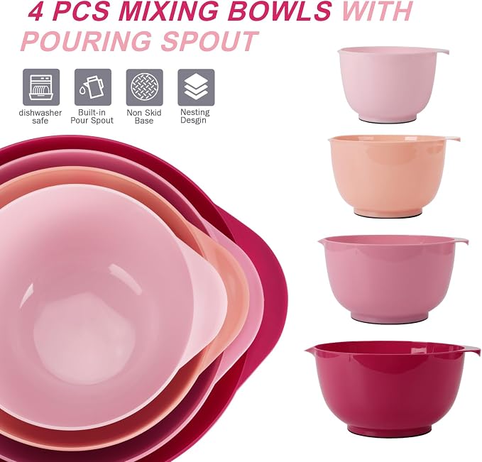 BoxedHome Classic Mixing Bowls Set of 4, BPA Free Plastic, Microwave Safe | 4.5, 3.5, 2.5 and 1.7 QT, Non-slip Base Large Non-toxic Nesting Bowl with Pour Spout, Dishwasher Safe, for Prep, Cooking