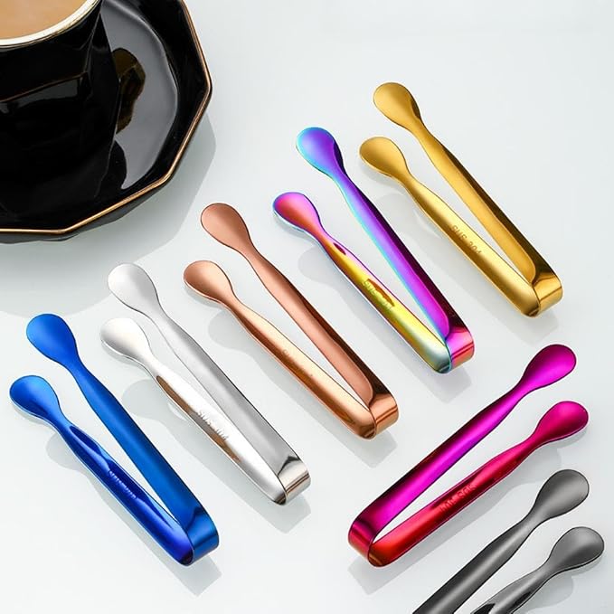 4.3 Inch Mini Serving Tongs Set of 7, 304 Stainless Steel Ice Tongs Sugar Tongs, Small Kitchen Utensils Gadgets for Appetizers, Tea Party, Coffee Bar, Desserts(Dishwasher Safe, Black)