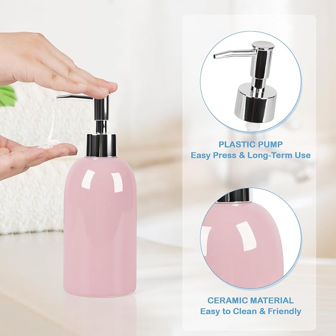 Natheeph Soap Dispenser for Bathroom/Kitchen Fill Hand Soap/Dish Soap, 14OZ | Soap Pump Dispenser Bottle, Ceramic Soap Dispenser Refillable Shampoo/Lotion/ Liquid/Detergent for Bathroom/Kitchen (Pink)