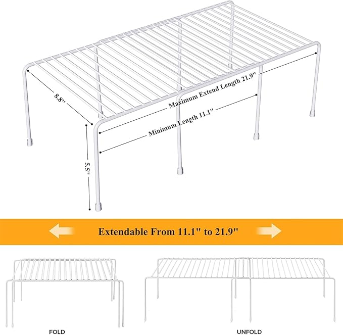 Orgneas Expandable Cabinet Shelf Organizer Rustproof Metal Shelf Riser | Storage Organizer Shelf Rack for Kitchen Counter, Fridge, Cabinet, Pantry and Bathroom with Scratch Resistant Feet, 2 Sets