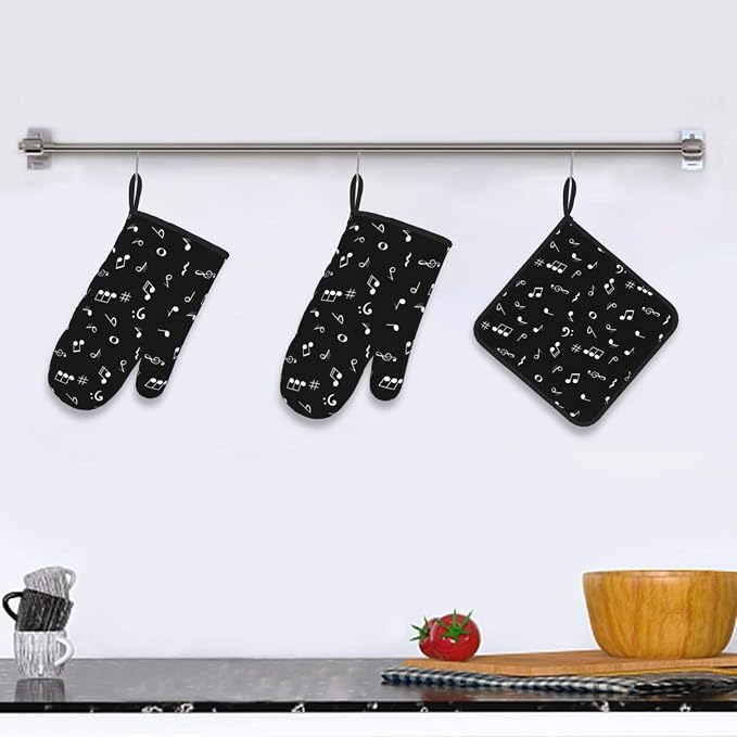 Music Notes Oven Mitts and Pot Holders Sets of 3 Black Hot Pads Musicial Oven Gloves Heat Resistant Non Slip Washable for Kitchen Cooking Grilling Baking