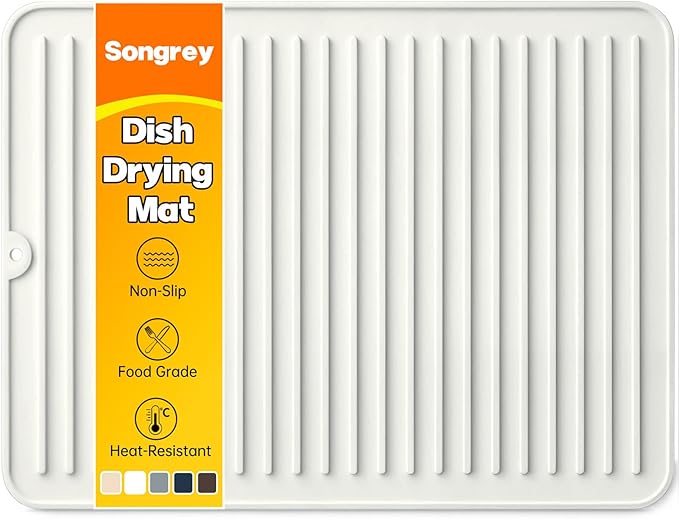 Songrey Silicone Dish Drying Mat for Kitchen Counter, 16" x 12", White | Drying Pad for Sink Dishes or Under Rack, Multi-Use as Heat Resistant Trivet, Coffee Bar Mat