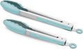 2 Pack Silicone Kitchen Tongs, 9 & 12 Inch, Stainless Steel, Aqua Sky