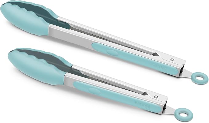 2 Pack Silicone Kitchen Tongs, 9 & 12 Inch, Stainless Steel, Aqua Sky