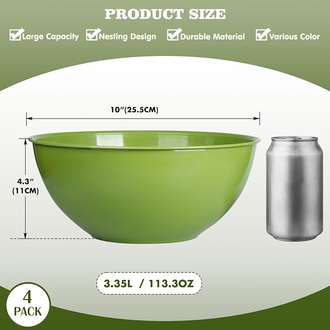 Greentainer 4-Piece Plastic Mixing Bowl Set, 113oz Lightweight Serving Bowls, Large Salad Bowls for Baking,Prepping, Cooking and Serving Food, Dishwasher & Microwave Safe