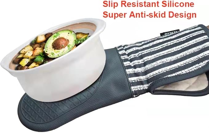 Alselo Silicone Oven Mitts Heat Resistant 932℉ with Waterproof & Non-Slip | Kitchen Mittens Set of 2,Extra Long 7.5"x15" Oven Gloves with Soft Cotton Terry Lining for Baking Cooking BBQ(Grey,2)