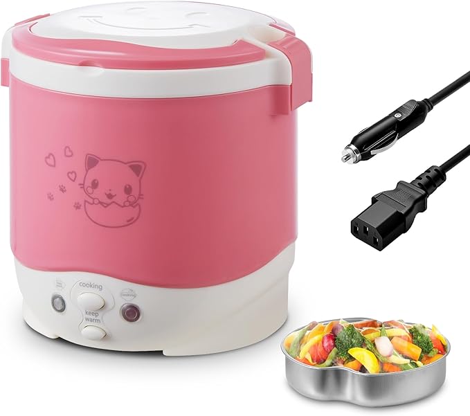 OSBA 12V Rice Cooker for Car 1L Mini Rice Cooker with Steamer, Pink | 2Cup Portable Travel Rice Cooker for 1-2 People, Cooking Heating & Auto Keeping Warm Function, Used as an Electric Lunch Box