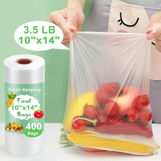 Plastic Produce Bags Roll, 10" x 14" Plastic Bags for Food, Fresh-Keeping Clear Food Bag for Fruit, Vegetable, Bread, Refrigerator Storage, Kitchen, Supermarket, 1 Roll 400 Storage Bag