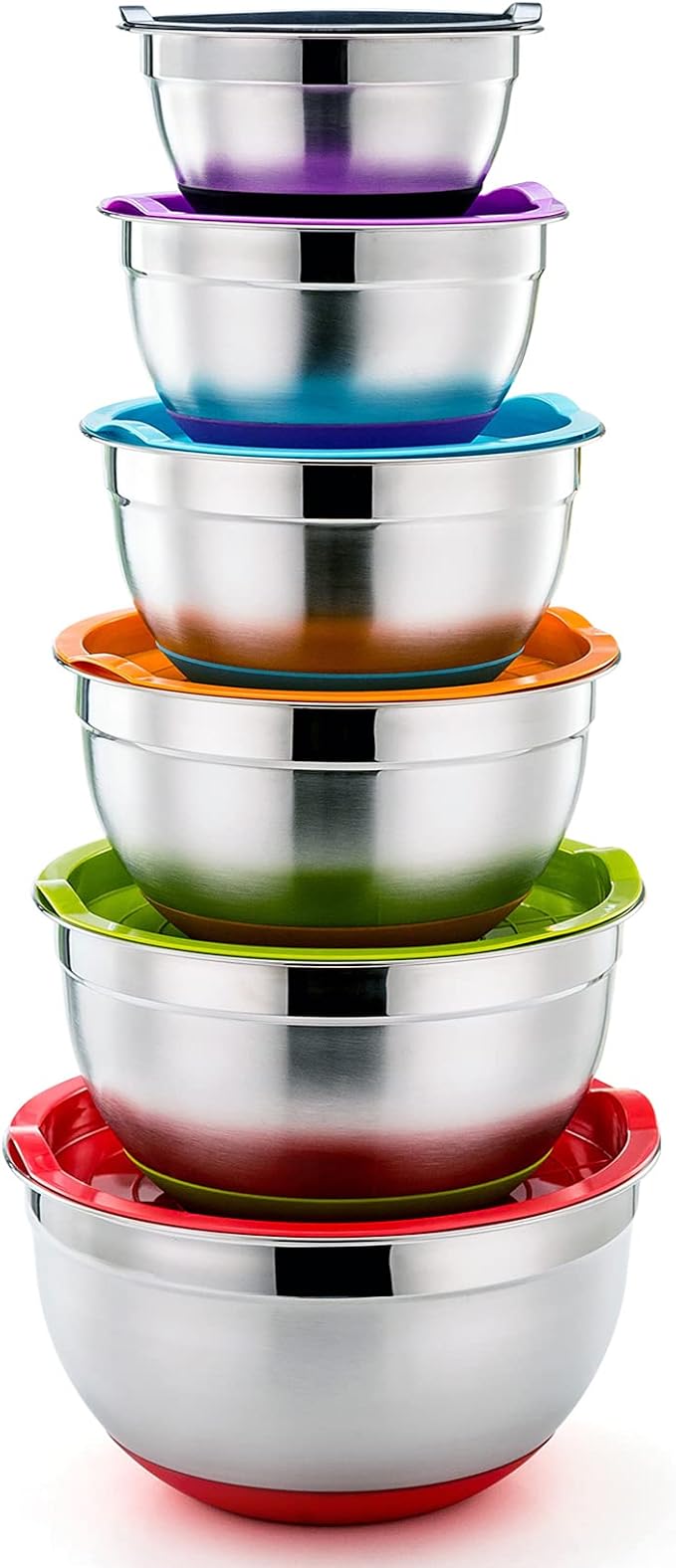 P&P CHEF Stainless Steel Mixing Bowls With Lids, Set of 6, Multicolor | Salad Nesting Mixing Bowls & Fitting Lids & Non-Slip Silicone Bottom, Ideal for Mixing, Storing, Size 0.7/1/1.5/2.5/3/4.6 Qt