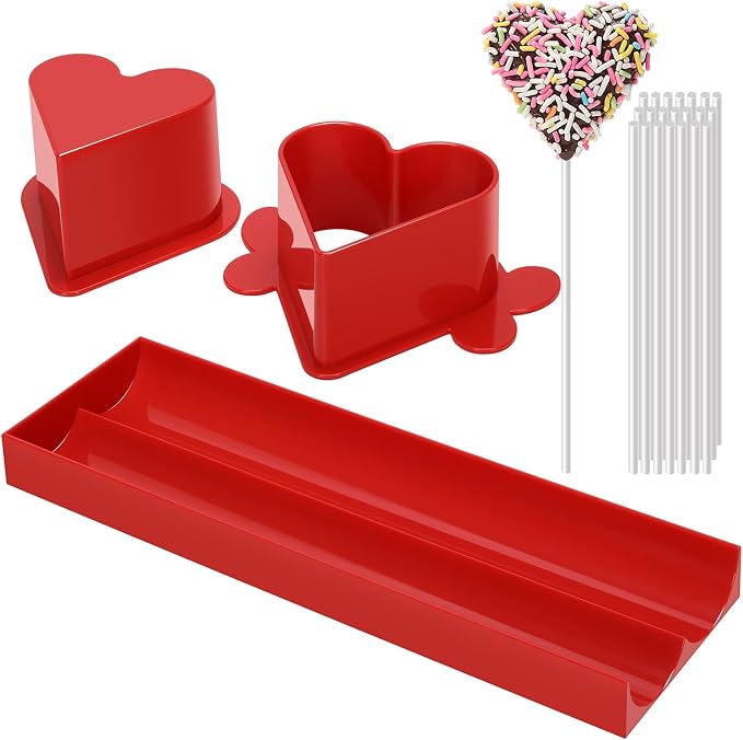 Heart Cake Pop Mold Set with 9in Tray and Sticks- Red | ABS Cake Pop Maker with Cutter and Pusher, perfect for making uniform cake pops for parties, weddings, and homemade desserts.