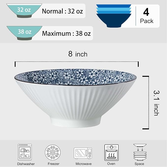 38 oz Japanese Ramen Bowls Set of 4, Large Pho Bowls, 8 Inch Ceramic Blue and White Soup Bowls, Floral Pattern
