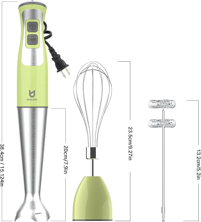 UTALENT 3-in-1 Immersion Hand Blender - Puree Food, Smoothies and Soups | 8-speed handheld blender, Pure Copper Winding Motor, 5.2 feet power cord, 4-point Ice crush SS blade, Egg whisk, Milk frother