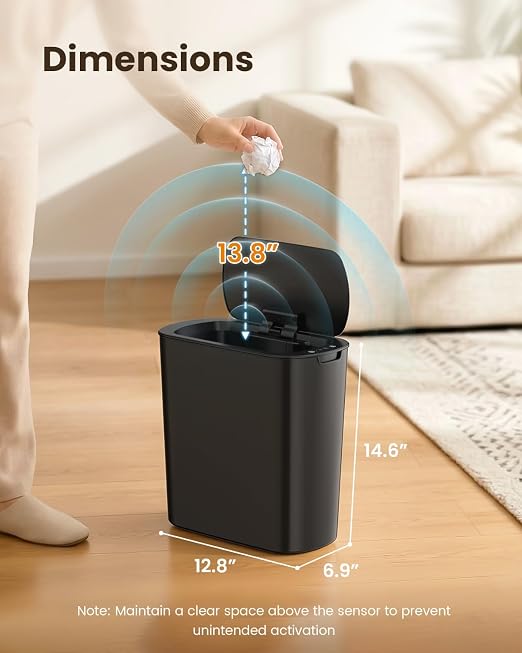 Cesun 5 Gallon Automatic Bathroom Trash Can with Lid, Black, Touchless | Motion Sensor, Slim, Small Smart Garbage Bin, Plastic, Battery Operated, Manual Button, for Office/RV/Bedroom/Living Room