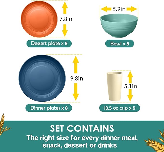 Teivio 32-Piece Plates and Bowls Sets for 8,Colorful Kitche Dinnerware Sets | 13.5oz Cups, Plastic Wheat Straw Unbreakable Dish Set, Dishwasher Safe, for Outdoor Camping RV Apartment Essentials Plate Set