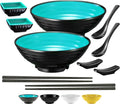 Unbreakable Ramen Bowl Set with Chopsticks and Spoon: 2 large Japanese Style Melamine Ramen Bowls, Dipping Bowls and Chopstick Stands for Asian Pho Soup Thai Miso Udon Wonton (2 Bowl Set, Teal-Black)