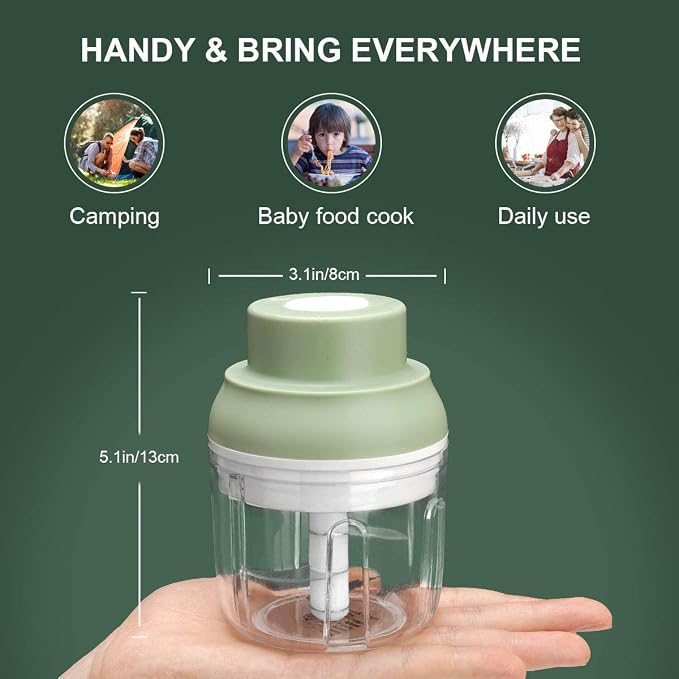 Electric Garlic Chopper Mini, Garlic Masher Mincer Crusher Pepper Chili Nuts Meat Grinder, Food Processor Small with Garlic Peeler And Spoon, 250ML/8.5FL OZ, Green