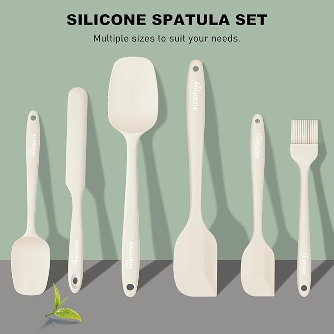 NileHome Silicone Spatula Set, 6 Pieces Food Grade Kitchen Utensils with Silicone Brush Heat Resistant Up to 600°F Dishwasher Safe BPA-Free Rubber Spatula for Scraping, Baking, Cooking, Mixing-Ivory