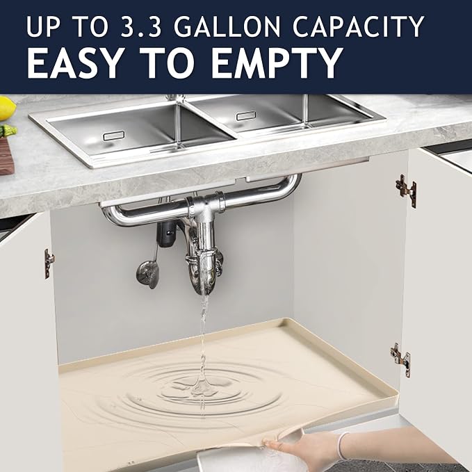 Heavy Duty Silicone Under Sink Mat for Kitchen&Bathroom 28" x 19",Waterproof Under Sink Rubber Mat Drip Tray, Raised Edge Under Sink Liner,Prevent Drips, Leaks, Spills,Beige