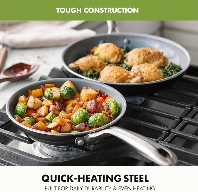 GreenPan Swift Healthy Ceramic Nonstick, 8" and 10" Frying Pan Skillet Set, Stainless Steel Handles, PFAS-Free, Dishwasher Safe, Oven Safe, Black