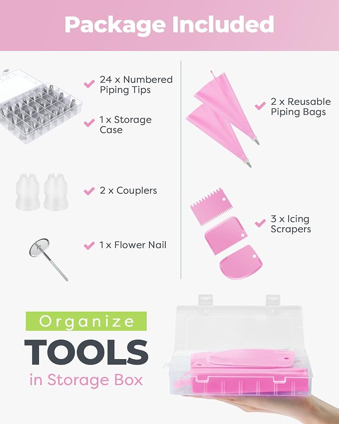 Kootek 32 Piping Bags and Tips Set Frosting Piping Kit for Beginners & Pros | Storage Case, Baking Supplies Tools, 24 Icing Tips, 2 Reusable Piping Bags, 3 Scrapers, for Cupcake Cookie Cake Decorating