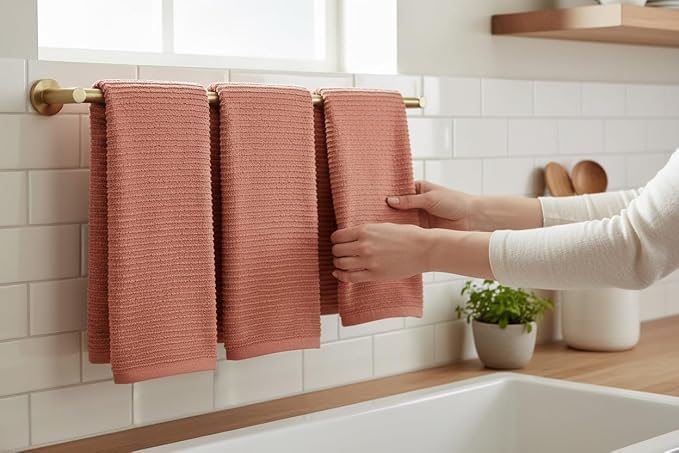 Peach Coral Salmon Kitchen Dish Towels, Set of 3, 100% Cotton, 18" x 28" | Terry Loop Ribbed Textured, Soft & Absorbent Cleaning Cloth, Quick Dry, Multipurpose for Everyday Use
