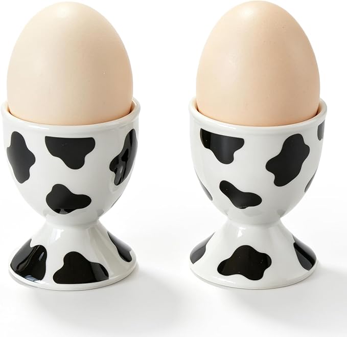 Cinf Ceramic Egg Cups, Set of 2, Cow Print Boiled Egg Holders for Breakfast | Set of 2 ceramic egg cups, classic white design, easy to clean, ideal for boiled eggs, breakfast serving and holiday gifting
