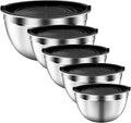 Mixing Bowls with Airtight Lids Set, 5 PCS Stainless Steel Black | Nesting Storage Bowls for Kitchen, Large Prep Metal Bowl, 5.5/4/3.5/2/1.5 QT for Mixing, Serving & Backing, Dishwasher Safe