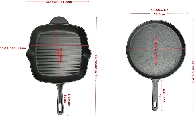11 Inch Square Grill Pan & Cast Iron 10.5 Inch Round Griddle, Pre-Seasoned Crepe Pan, BBQ Hot Plate Pans with Handle Silicone