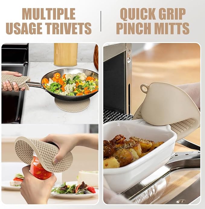 RORECAY Silicone Oven Mitts and Pot Holders Sets, Gloves for Kitchen, Beige | Set of 6 Kitchen Mitts for Baking & Cooking, Heat Resistant 500 ℉, 15" Extra Long, Non-Slip & Waterproof, Quilted Cotton
