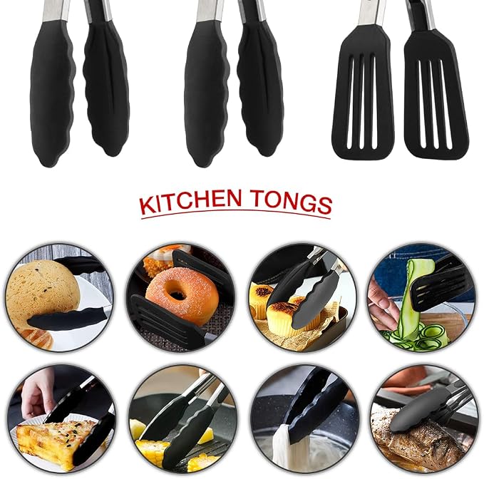 9 Inch Kitchen Tongs with Silicone Tips Set of 3(Black) | Stainless Steel Handle, Non-Scratch, Heat Resistant
