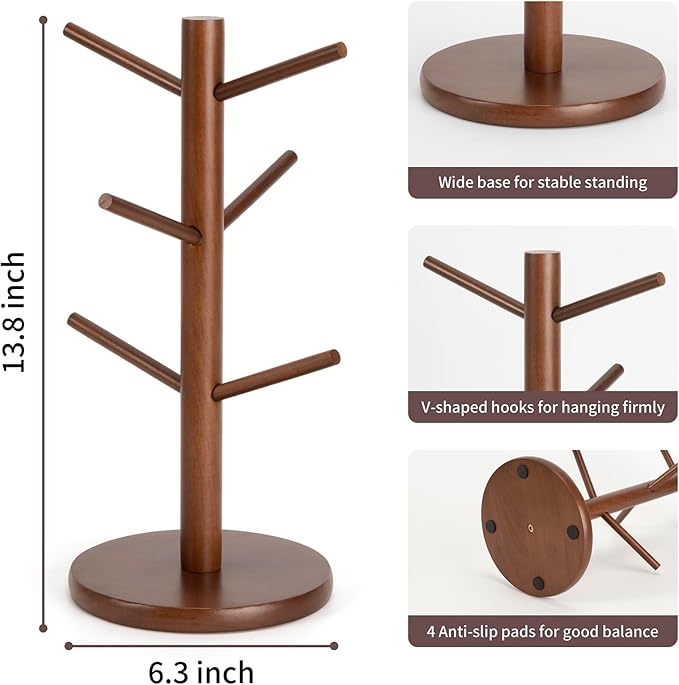 MyLifeUNIT Mug Holder Tree, Coffee Cup Holder with 6 Hooks (Brown) | Anti-slip padded bottom, space-saving compact design, easy air drying, sturdy tip-resistant structure