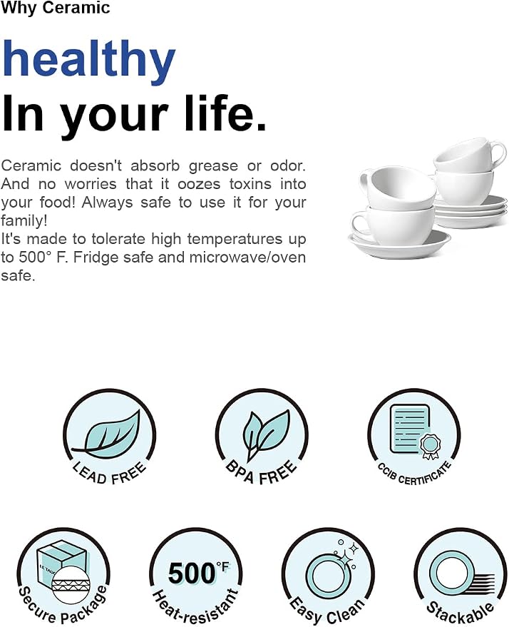 LE TAUCI 3 oz Espresso Cups with Saucers, Set of 4 Ceramic Demitasse Cup and Saucer Set for Double Espresso Shot, Lungo, Ristretto, Embossed Coffee Cups, White