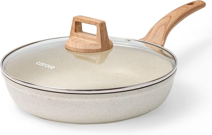 CAROTE Non Stick Frying Pan, 10 Inch White Granite Skillet with Glass Lid | Non Toxic Kitchen Healthy Cookware, Compatible with All Stovetop, Dishwasher Safe, PFOA Free