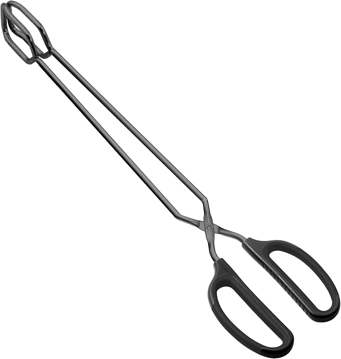 HINMAY 16" Extra Long Stainless Steel Scissor Tongs (Black) | Stainless Steel Metal Kitchen Tongs for Cooking, Grilling & Serving