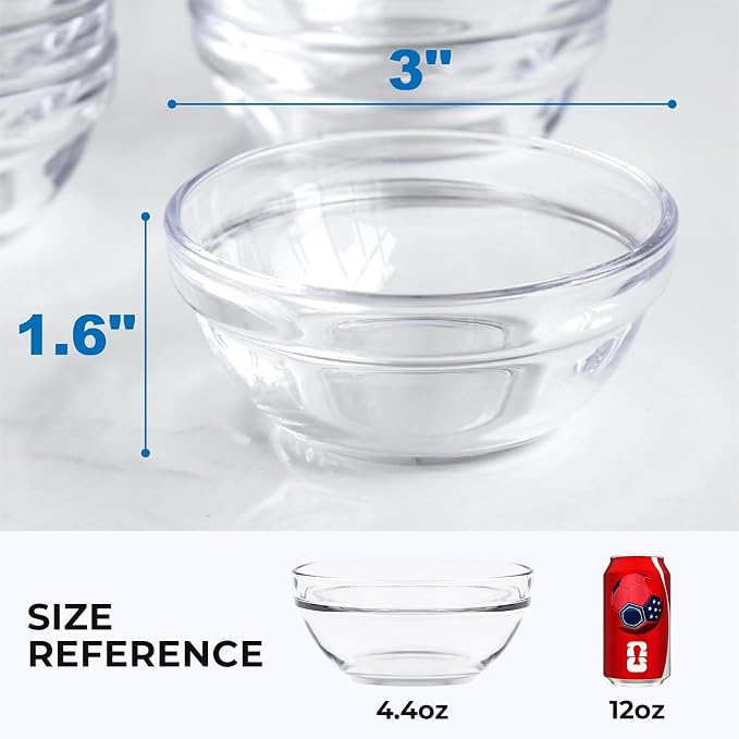 4.4 oz Clear Glass Bowl, Mini Prep Dish for Salt and Spices, Microwave and Dishwasher Safe, Stackable, Set of 6