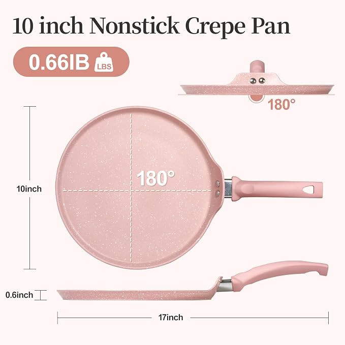 Innerwell 10 Inch Nonstick Crepe Pan,Granite Coated Pancake Pan-Pink | Granite nonstick coating, PFOA-free. Works on gas, electric, ceramic & induction. Easy-release & easy-clean.