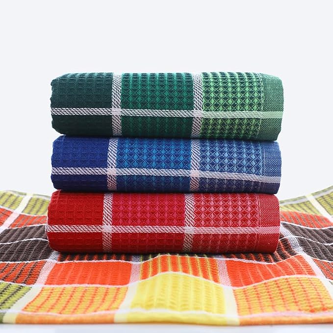 Bright Large Kitchen Towels, 4-Pack, 16 Inch x 26 Inch Buffalo Check Dish Towels for Washing Drying Dishes, Colorful Waffle Design Tea Towel Bar Towel, Buffalo