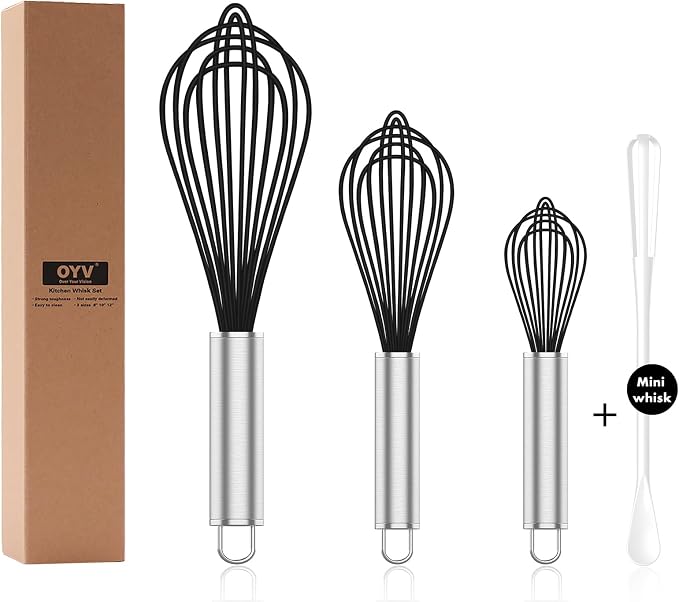 OYV Black Silicone Whisk Set of 3, 8/10/12 Inch, Non-Scratch | BPA-Free Silicone, Heat Resistant Up to 480°F, Stainless Steel Core, Dishwasher Safe, Nonstick-Safe