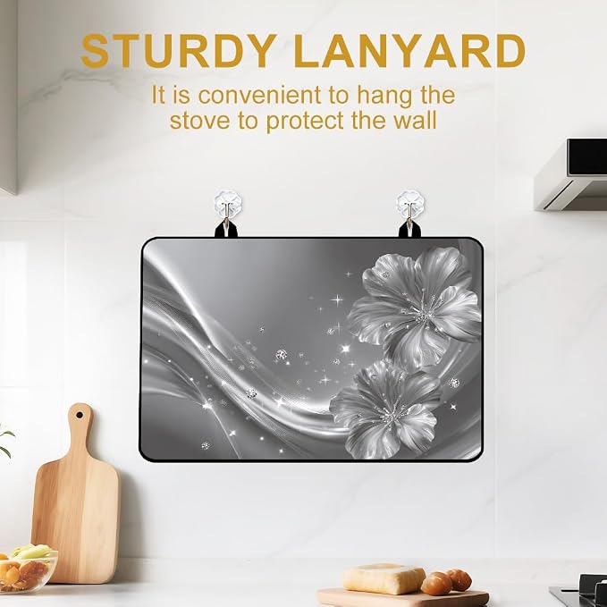 Silver Flower Stove Top Cover 28x20 Inch Decorative Glass Stove Cover | Heat Resistant Cooktop Protector Mat with Non-Slip Backing, Scratch Protection and Countertop Drying Mat.