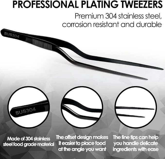 Gutsdoor 8 Inch Plating Tweezers Stainless Steel Precision Culinary Tweezer Black Kitchen Offset Tweezers Tongs