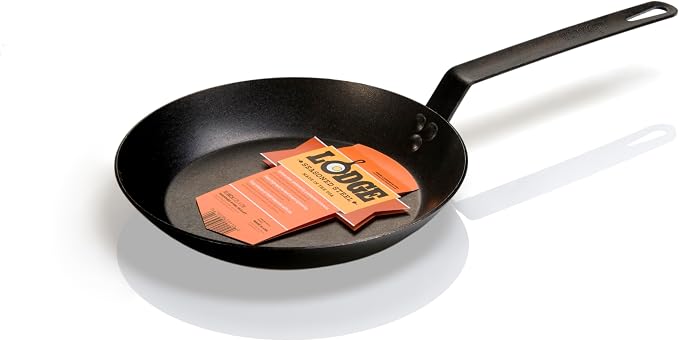 Lodge Seasoned Carbon Steel Skillet - Lightweight High Heat Frying Pan with Long Handle - Quick Temperature Response - Ideal for Searing & Sautéing - 10 Inches
