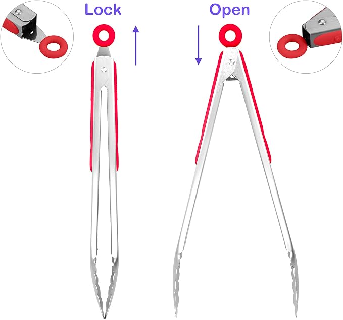 304 Stainless Steel Kitchen Cooking Tongs, 12 & 14 Inch, Set of 2, Red | Locking Food Tongs with Non-slip Grips and Hanging Loops for Cooking, Grilling, BBQ and Serving, Dishwasher Safe