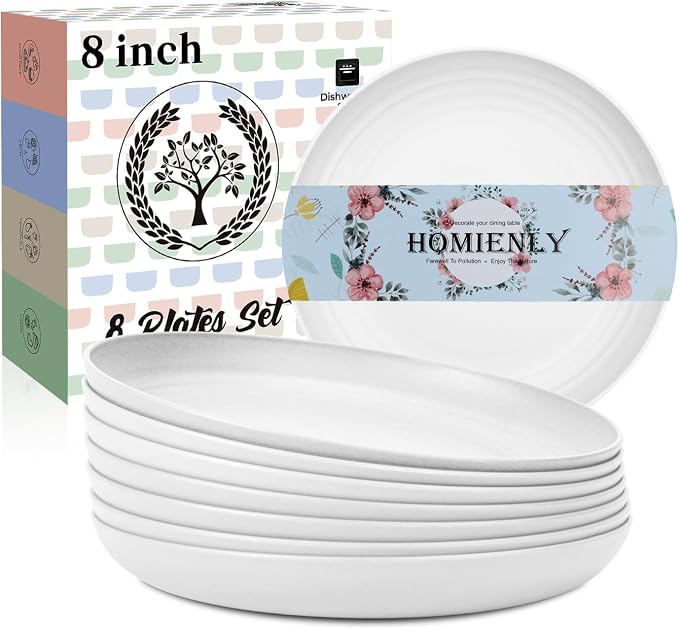 Wheat Straw Plates, 8 Inch Dessert Plates Set of 8, Unbreakable White Round Plate - Alternative to Plastic Plates, Lightweight Microwave and Dishwasher Safe Plate Set for Camping - White