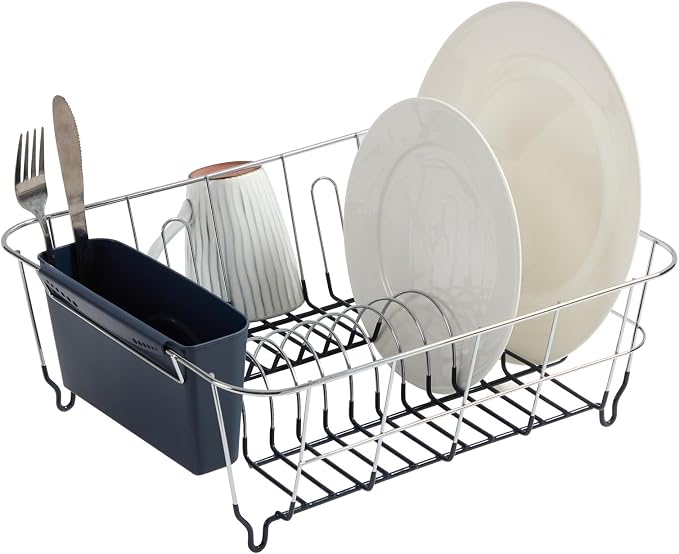 Dish Drying Rack & Cutlery Holder 2 Piece Set Compact Sink-Fitting Dish Drainer with Rubberized Undercoating Space-Saving Kitchen Organizer for Plates, Cups, Bowls & Utensils In Sink, Navy